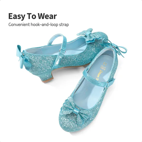 Miniatura 4 de DREAM PAIRS Zapatos de vestir de tacón bajo para niñas, con lazo intercambiable, purpurina, boda, fiesta, Mary Jane, zapatos para niños pequeños