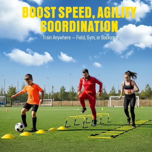 Miniatura 3 de Agility Ladder, Soccer Football Training Equipment Set - 20ft Speed Ladder, 4 Hurdles,Parachute, 12 Cones & Jump Rope Agility & Speed Training for