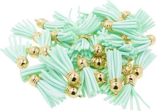 Miniatura 2 de Mandala Crafts 100 borlas de gamuza sintética color aguamarina con tapa dorada, suministros para hacer llaveros a granel, pequeñas borlas de cuero