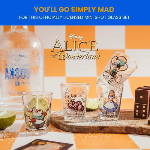 Miniatura 2 de Disney Alicia en el país de las maravillas - Vasos de chupito de whisky de 2 onzas, juego de 4 Artículos de bar para el hogar para licor y bebidas