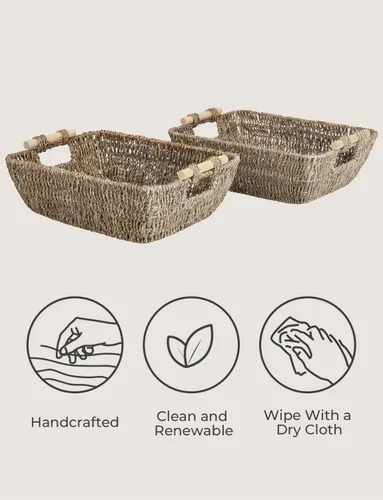 Miniatura 4 de StorageWorks Cestas de almacenamiento grandes tejidas a mano con asas de madera, cestas de mimbre de hierba marina para organizar, paquete de 2