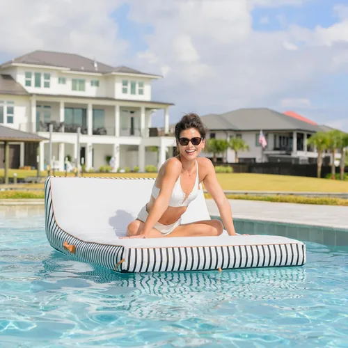 Miniatura 3 de Big Joe Lux Chaise - Flotador inflable prémium para piscina, rayas azul marino y marfil, malla de primera calidad, mezcla de poliéster duradera