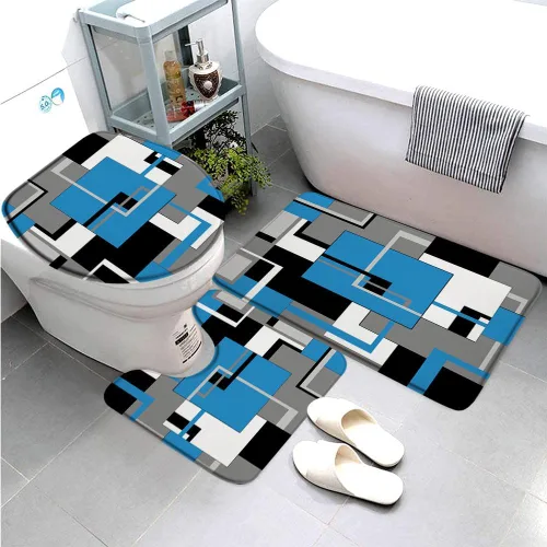 Miniatura 9 de Juego de 3 tapetes de baño geométricos rojos, negro, blanco y gris, líneas minimalistas abstractas geométricas de mediados de siglo, cubierta