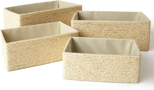 Juego de 4 cestas de almacenamiento - Cestas tejidas apilables de cuerda de papel, recipientes de almacenamiento para maquillaje, armario, baño,