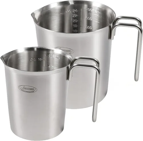 Newness Juego de 2 tazas medidoras de acero inoxidable (3 marcas, incluye escala de taza/ml/onza) (2 y 3 tazas) taza medidora de metal con asa para