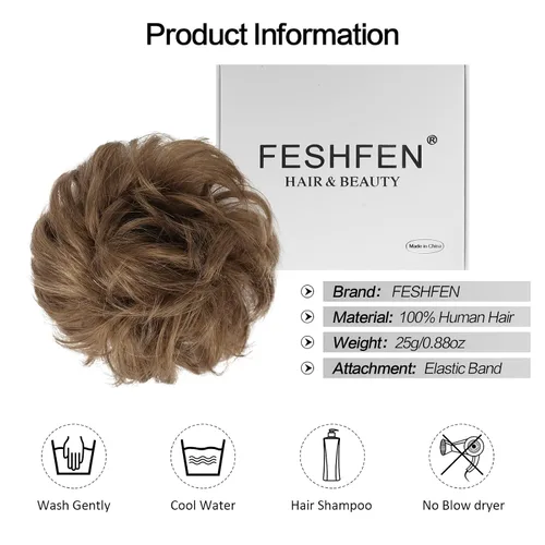 Miniatura 5 de FESHFEN Moños Desordenados Humanos - Moño de Cabello Humano 100% Real Coleteros Scrunchies Piezas de Cabello Extensiones de Cola de Cabello Ondulado