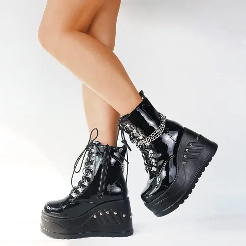 Miniatura 6 de Erocalli Botas de plataforma góticas para mujer con cordones con cadena botines cortos con tachuelas