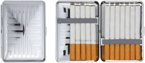 Miniatura 7 de Juego de 2 cajas de cigarrillos compactas chapadas en metal tamaño King con bandas elásticas (pergamino victoriano dorado)