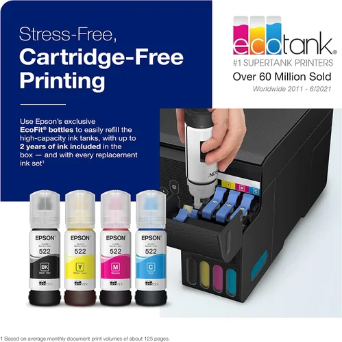 Miniatura 3 de Epson EcoTank ET-2800 Impresora inalámbrica a color todo en uno Supertank sin cartuchos, negro, mediano y tinta EcoTank T522 de ultra alta