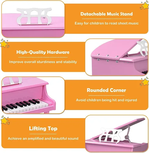 Miniatura 5 de HONEY JOY Piano clásico para niños, mini piano de cola de 30 teclas con soporte de música y banco, juguete de instrumento musical de madera con tapa
