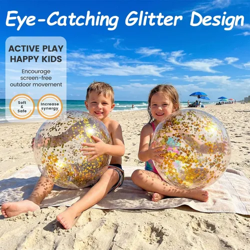 Miniatura 4 de FUTUREPLUSX Pelotas de playa con purpurina de 16 pulgadas, 2 bolas de piscina inflables con confeti dorado para niños, cumpleaños, verano, fiesta