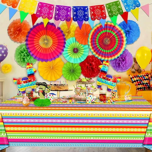 Miniatura 6 de 7 variedades – 33 piezas de decoraciones de fiesta del Cinco de Mayo, suministros de fiesta mexicana, abanicos de papel, pompones, cubierta de mesa