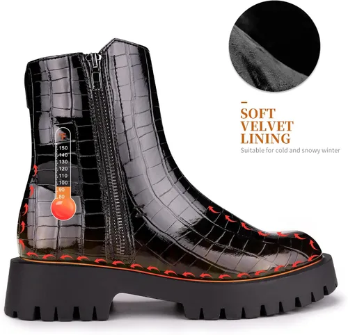 Miniatura 3 de ISOMEI Botines negros de cocodrilo para mujer botas de combate con cremallera y plataforma de charol