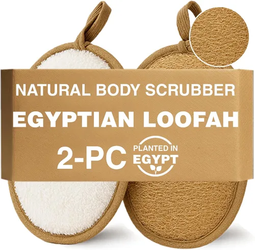 Exfoliante corporal natural de lufa (paquete de 2) – Hecho de lufa egipcia, esponja de baño suave para hombres y mujeres – Almohadilla suave de