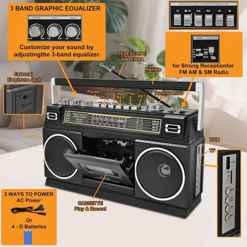 Miniatura 7 de Reproductor de casete Boombox con Bluetooth, radio AM/FM/SW y grabación a USB, sonido estéreo de 24 W, 4 modos de alimentación, estéreo retro