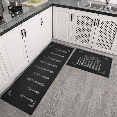 Miniatura 6 de Alfombras y tapetes negros de cocina antideslizantes, lavables, absorbentes, de microfibra, para piso, juego de 2 tapetes de cocina negros
