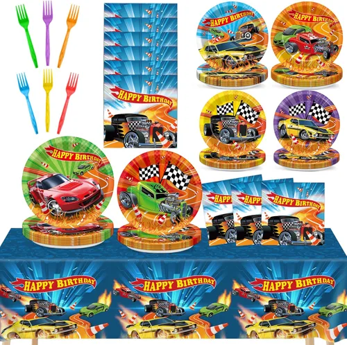 Miniatura 8 de 98 piezas de suministros de fiesta de autos de carreras, platos de papel para autos calientes, servilletas, manteles temáticos de carreras, cubierta