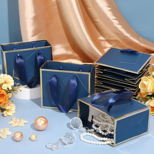 Miniatura 7 de Yeaqee 50 mini bolsas de regalo de papel metálico con asa de 4.75 x 2.25 x 4 pulgadas, pequeña bolsa de regalo para bricolaje, etiqueta de Azul