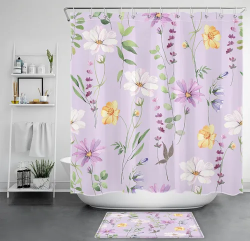Miniatura 33 de Cortina de ducha de flores silvestres amarillas, moradas, florales y verde salvia con hojas de eucalipto sobre blanco, juego de cortina de ducha