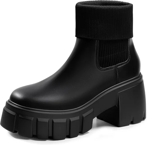Miniatura 6 de FITORY Botas Chelsea para mujer, botines de tobillo elásticos con tacón medio grueso y suela con tacos, zapatos cómodos y modernos sin cordones