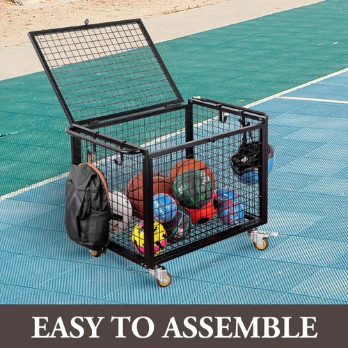 Miniatura 5 de MyGift Carrito de almacenamiento de pelotas deportivas de metal negro para parque infantil, Dodge Ball, baloncesto, pelota de fútbol, canasta