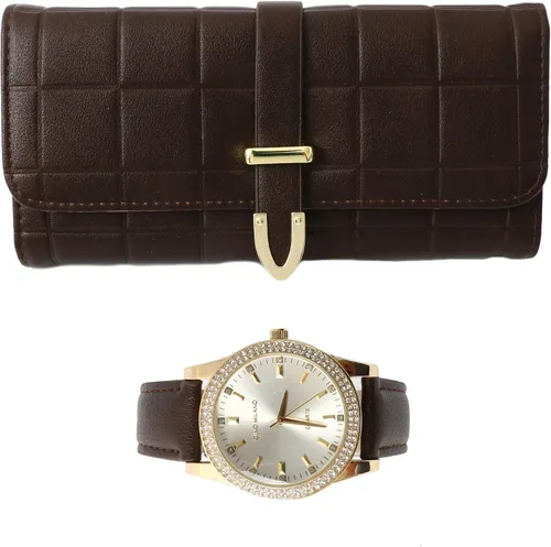 Miniatura 10 de Reloj de pulsera de cuero dorado para mujer y cartera de tres pliegues a juego