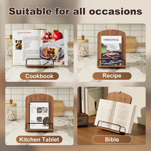Miniatura 5 de Soporte de madera para encimera de cocina, soporte para libros de cocina marrón rústico que se adapta a exhibición colgante o de encimera, soporte
