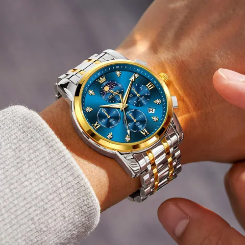 Miniatura 2 de OLEVS Watch for Men Diamond Business Dress Analog Quartz Stainless Steel Waterproof Luminous Date Two Tone Luxury Casual Wrist Watch Blue