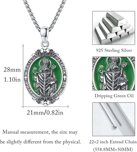 Miniatura 204 de Collar con colgante de plata de ley 925 con medalla de San Patrón, joyería religiosa para hombres y mujeres, con cadena de acero inoxidable 316L