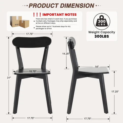 Miniatura 2 de HNY Farmhouse Solid Wood Dining Chairs Set of 2, Mid Century Modern Armless Kitchen & Dining Room Chairs with Curved Back, 300 LBS Capacity, Black