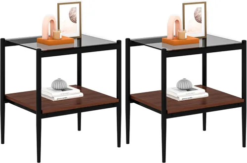 Miniatura 4 de ODUSE-DAILY Juego de mesa auxiliar y mesa auxiliar de 3 piezas, marco de metal negro, mesa auxiliar superior de cristal, estante superior cuadrado