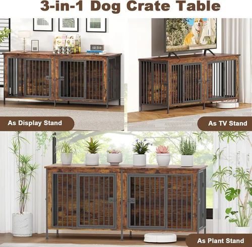 Miniatura 4 de EasyCom - Mueble jaula para 1 o 2 perros, individual o doble, resistente jaula para interiores, base para televisión, mediano, 63 pulgadas de largo