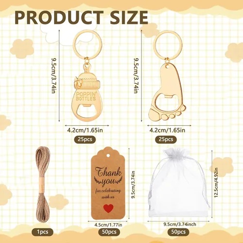 Miniatura 5 de 50 unidades de abrebotellas Keycahin de huella de bebé, llavero Poppin botellas de baby shower con tarjetas, carrito de bebé en forma de regalo