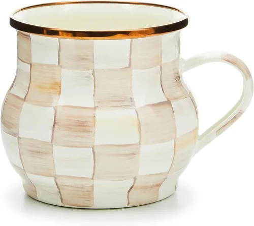 Miniatura 17 de MACKENZIE-CHILDS Taza de esmalte, linda taza de café y té de esmalte, vajilla única, 16 onzas, cuadro de corte negro y blanco, juego de 4