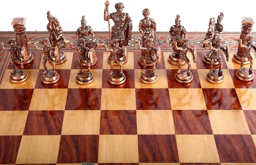 Miniatura 3 de Juego de ajedrez de metal para adultos, figuras históricas antiguas de cobre Roma, piezas hechas a mano y tablero de ajedrez de madera maciza