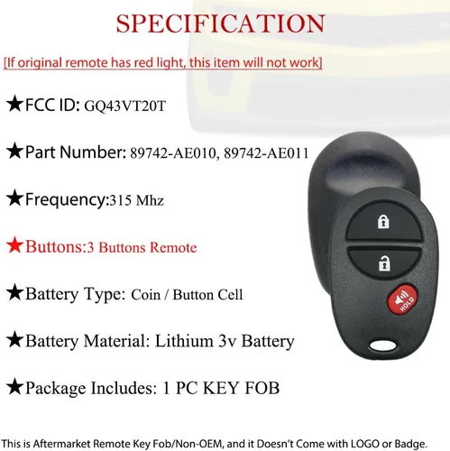 Miniatura 4 de MechanMagic Llavero Remoto de Reemplazo Compatible con Toyota Tundra Tacoma Sienna Sequoia Highlander 2007 2008 2009 2010 2011 2012 2013 GQ43VT20T