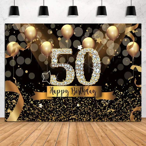 Sensfun Fondo de fotografía para fiesta de cumpleaños número 50 de 7 x 5 pies, con purpurina, globos negros y dorados para mujer, fabulosa