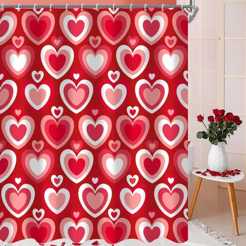 Miniatura 4 de Cortina de ducha para el día de San Valentín, diseño de corazones amorosos rojos, diseño romántico de San Valentín, años 60, 70, retro, impermeable