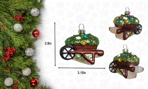 Miniatura 2 de Adorno de invernadero de vidrio soplado a mano y adorno de carretilla, juego de 2 adornos de jardín de vidrio para árbol de Navidad