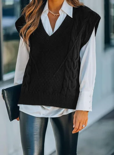 Miniatura 2 de Dokotoo Suéter chaleco para mujer, suéter de punto con cuello en V, suéteres de gran tamaño, sin mangas, camisetas sin mangas
