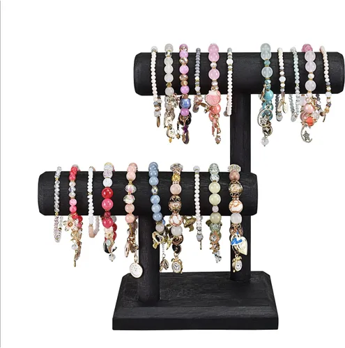 Miniatura 3 de Ikee Design Torre de exhibición de relojes de pulsera de madera de 2 niveles, soporte de almacenamiento para collar, 7.9 pulgadas de ancho x 4.3