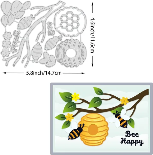 Miniatura 3 de BENECREAT Troqueles de corte de abeja y ramas de flores de miel de 5.5 x 4.5 pulgadas, plantillas de metal para álbumes de recortes, fabricación