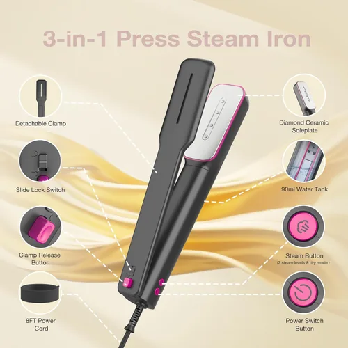 Miniatura 2 de Newbealer Plancha de viaje con voltaje global (abrazadera), vaporizador de ropa de 100-240V, planchado en seco y 2 niveles de vapor, suela de Ashpink