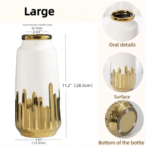 Miniatura 2 de Jarrón grande de cerámica blanca con detalles chapados en oro de 11 pulgadas de alto, florero decorativo para sala de estar, decoración moderna