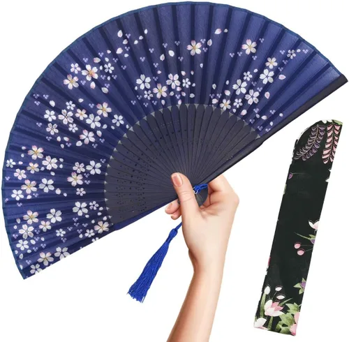 Miniatura 11 de OMyTea abanico plegable de mano para mujer - abanico de bambú y seda vintage chino/japonés plegable - para sofocos, iglesia, EDM, festival