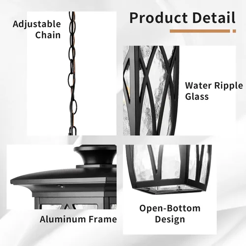 Miniatura 4 de JYZ Paquete de 2 lámparas colgantes para exteriores, farol colgante exterior de 12 pulgadas, lámpara moderna de metal negro para exteriores, lámpara