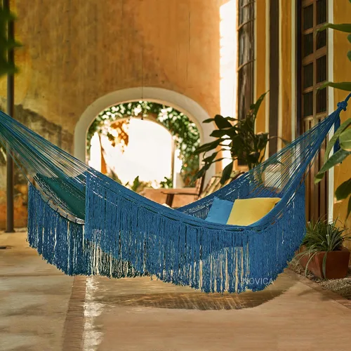 Miniatura 2 de NOVICA Hamaca maya de algodón azul turquesa 1001 Summer Nights de México 'Caribbean Blue Cascade