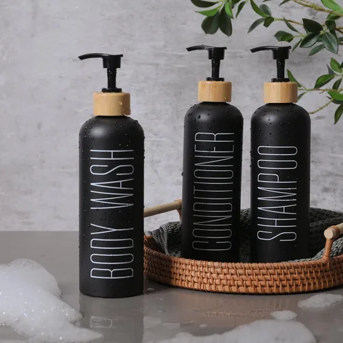 Miniatura 6 de HOMCDALY Juego de 3 botellas recargables negras para ducha de baño de 16 oz - Botellas vacías con bomba para champú, acondicionador o gel corporal