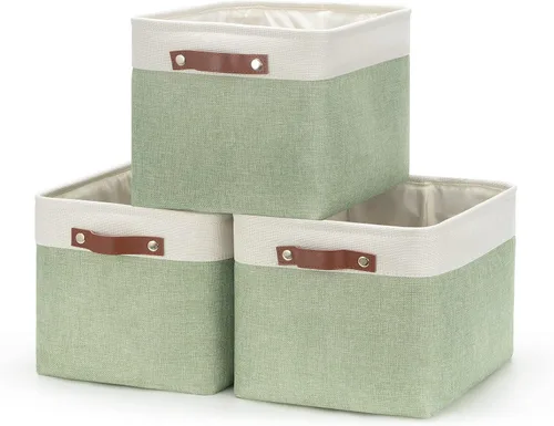 Miniatura 33 de HNZIGE Cestas organizadoras grandes de tela (3 unidades), canastas decorativas plegables con asas de cuero (crema, 15 x 11 x 9.5 pulgadas)