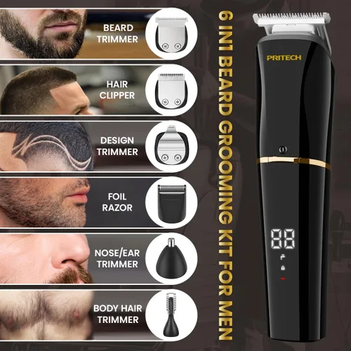Miniatura 3 de PRITECH - Cortadora de barba para hombre, kit de aseo inalámbrico 6 en 1, resistente al agua, IPX6, afeitadora para hombre con maquinilla de Negro
